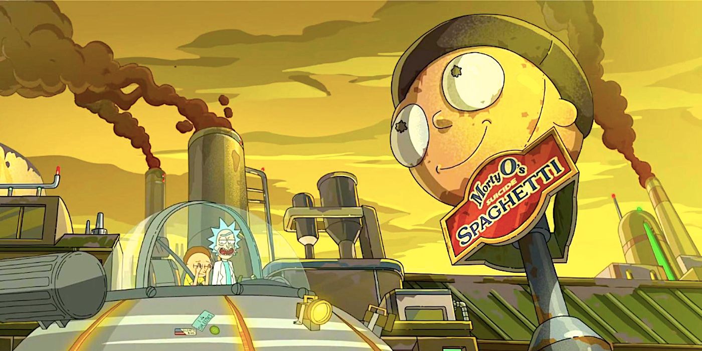 Rick Looks Smug As Morty Looks Devastated Sitting In The Spaceship Outside A Spaghetti Factory Emblazoned With Morty S Face In Rick And Morty Season 7.jpg