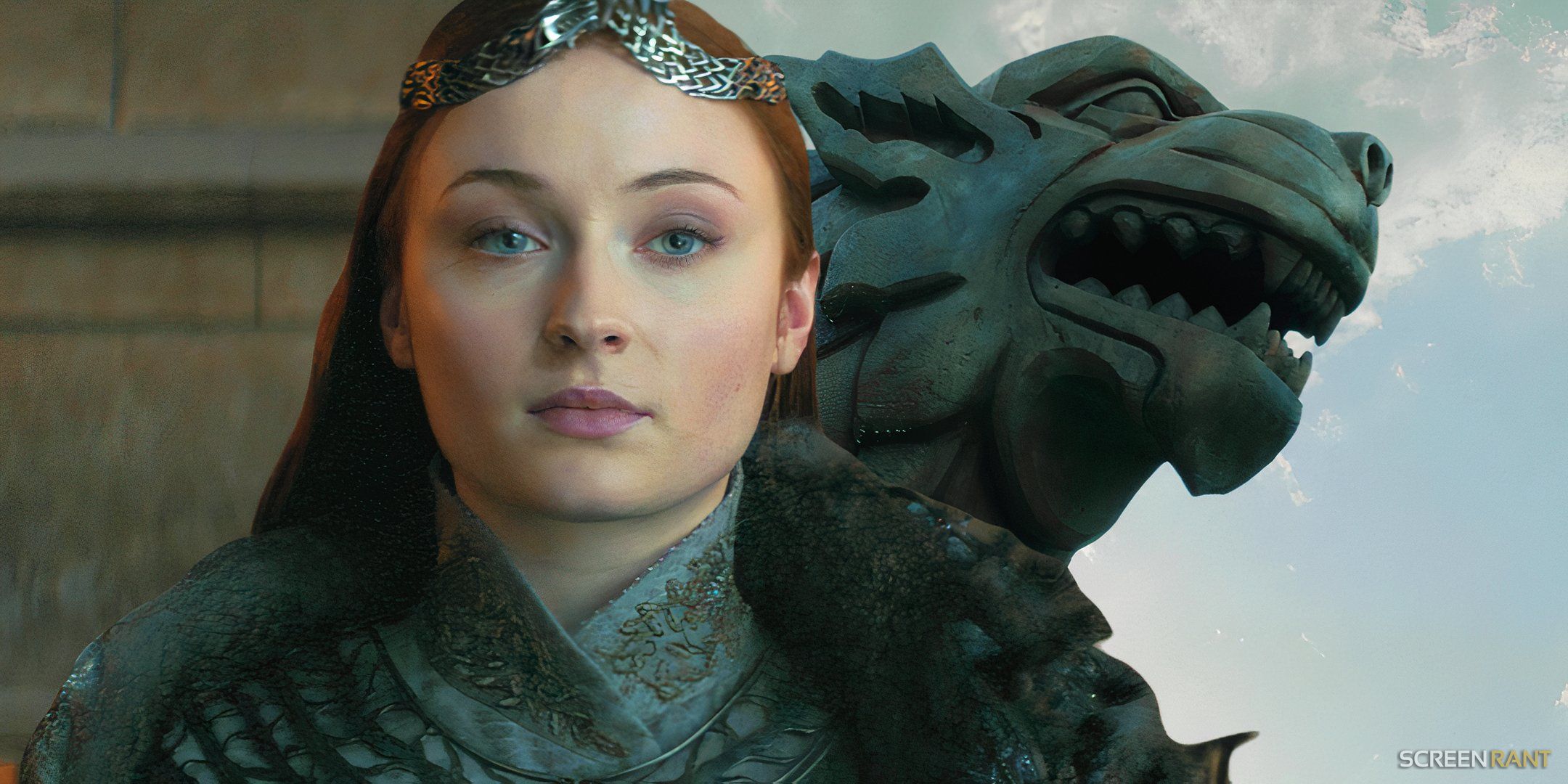 Sansa Sophie Turner As Queen In The North In Game Of Thrones Season 8 And A Stark Direwolf Statue On A Ship.jpg